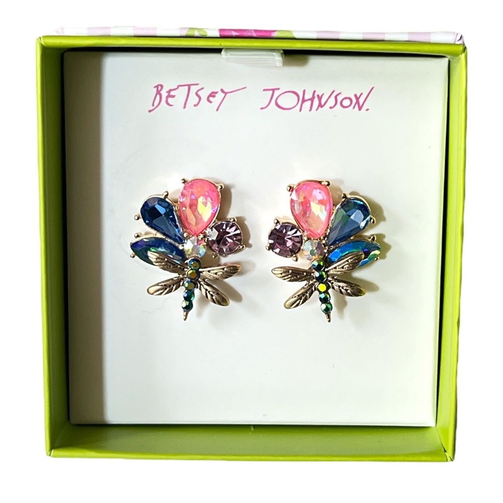 Betsey Johnson Flower and Dragonfly Earrings Gold Tone Pink Purple